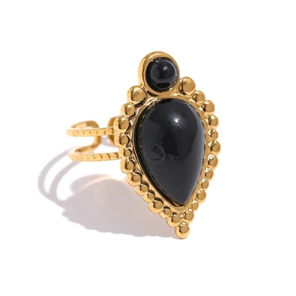 18K Gold Plated *Vintage Black Natural Stone Ring - Picture 1 of 8